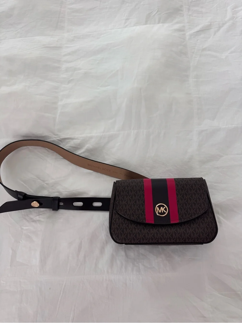 Michael Kors Brown Crossbody Belt Bag with Red and Black Stripe